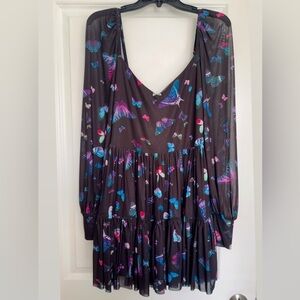 Blackmilk Butterfly Print Long Sleeve Tiered Mini Dress - Black/Multi